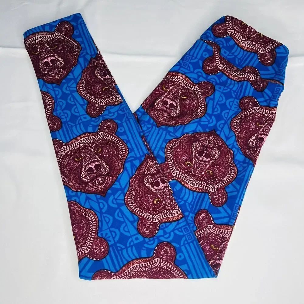 LulaRoe OS Leggings Maroon Mosaic Bears X Unicorn On A Blue Background 0666